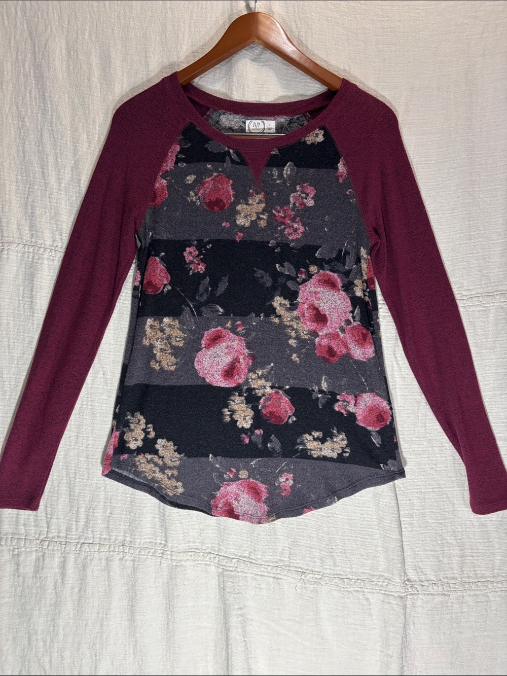 Maurices Burgundy Raglan Floral Stripe Long Sleeve Sweater